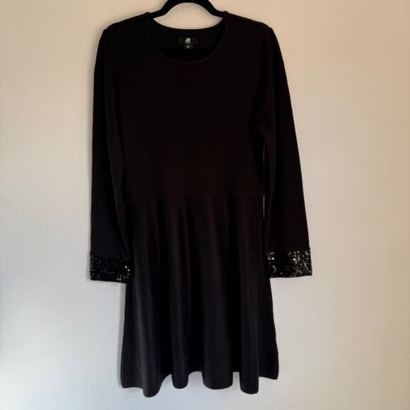 Jason Wu Ribbed Black Skater Sweater Dress in Black Sequin Cuffs Large NYE LBD - Picture 2 of 7